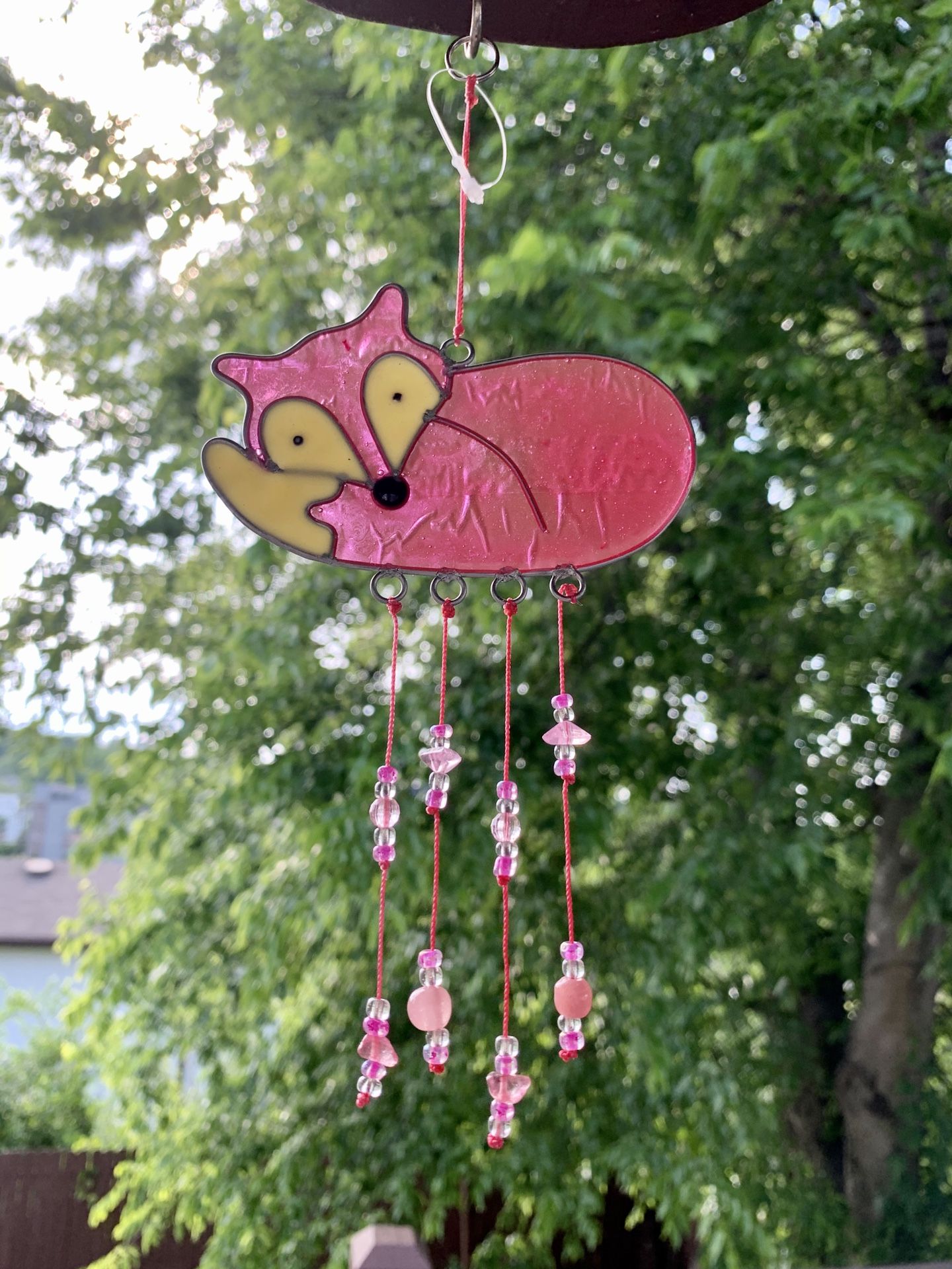 Sleeping Fox Small Sun Catcher with Pink Beads