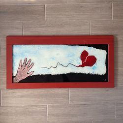 Original Reverse Glass Painting “Reaching for Broken Heart” by Jean-Claude Rasch - Red Framed 18.5x37” Wall Art