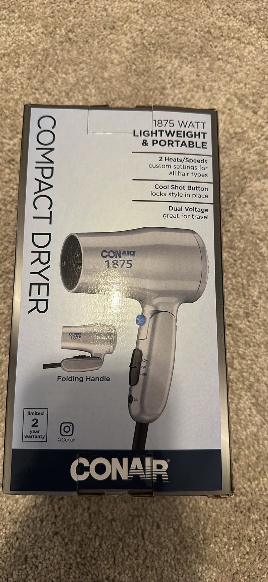 Conair Vagabond Styler Compact Dual Voltage Travel Size Ionic Hair Dryer, 1875 Watts, Gray $20