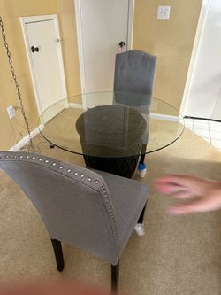 Round Glass Dining Table + 2 Gray Tufted Chairs
