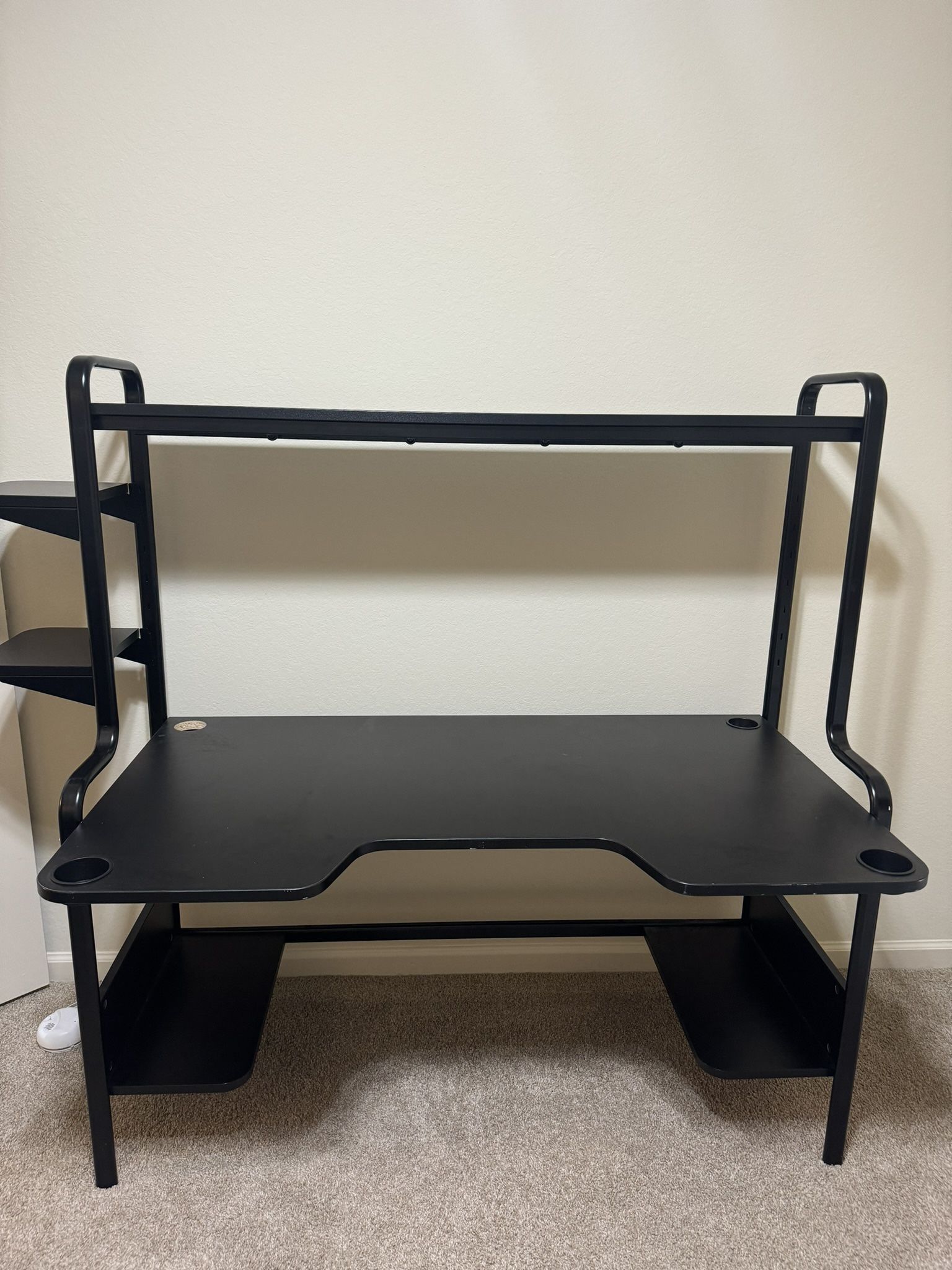 Ultimate Black Gamer/Work Desk with Cup Holders & Shelves – Sleek & Functional