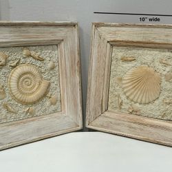 Pair of Shabby Cream & Tan Thick Wood Hanging Shell Art