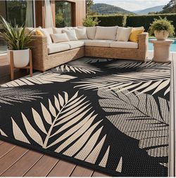 Black and Beige Tropical Palm Leaf Outdoor Area Rug