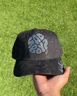 Sad Boy Rhinestone Graphic Trucker Hat - Black