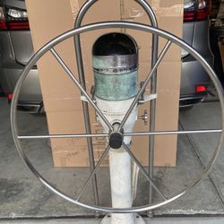Sailboat Wheel, Pedistal, And Working Compass