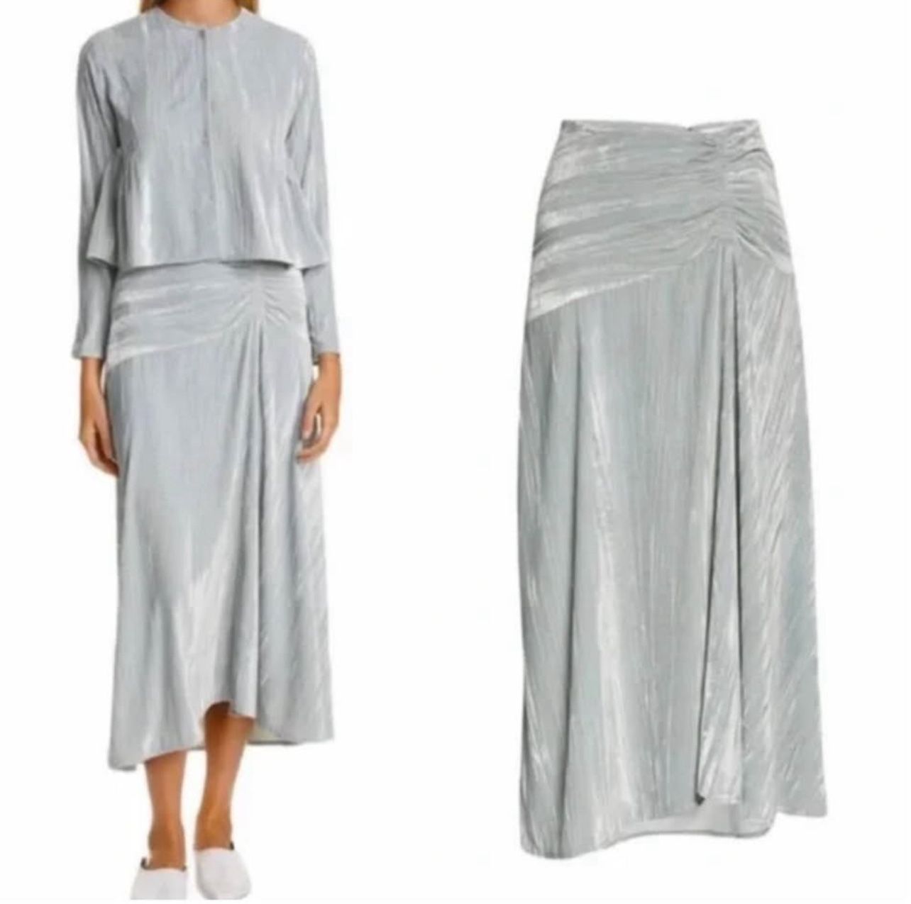 Vince Ruched Velvet Paneled Midi Skirt  Pale Sea Glass Size 8 NWT  