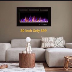 30" Inch Electric Fireplace Heater Recessed Or Wall-Mounted Multi Color Flames With Remote Control