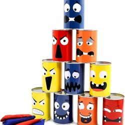 Bean Bag Toss Game for Kids & Family, Carnival Party Game with 10 Funny Face Cans & 4 Bean Bags