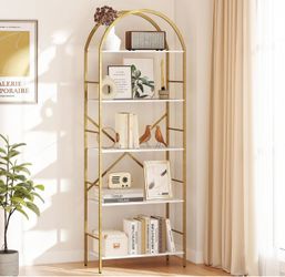 Gold– 5 Tier Bookshelf , 66.14 Inches Tall Arched Bookcase, Wide Storage Bookshelves, Stand Display Shelf for Living Room, Home Office, Color— White a