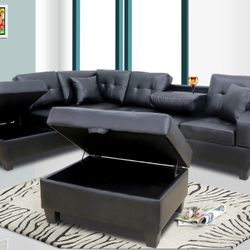 Black Leather Storage Sectional and Ottoman *BRAND NEW*