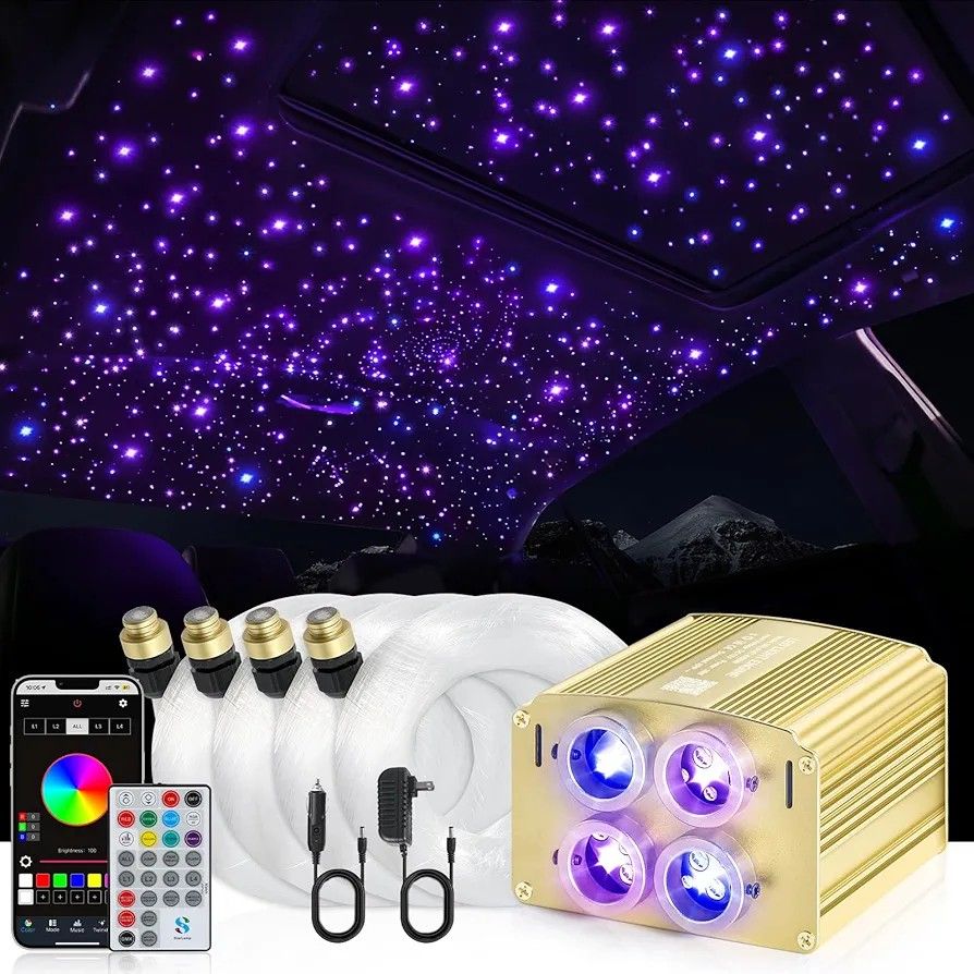 4 Colors 32W Twinkle Car Starlight Headliner Kit 800pcs*0.03in*13.1ft with APP&RF Remote, RGBW Fiber Optic Ceiling Star Lights, 4 Port Engine Sound Ac