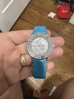 Nu Skin Rhinestone Watch Blue Strap Silver Tone 5ATM Fashion Wristwatch