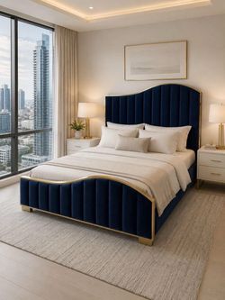 Blue velvet king bed frame