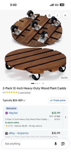 2-Pack 12-Inch Wood Plant Caddy with Wheels