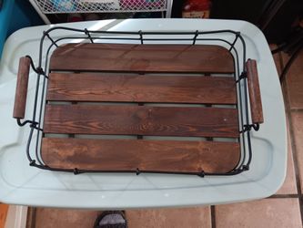 Vtg. 13"x17" Rectangular Wood Serving Tray with Metal Handles Brown/Metal Hearth