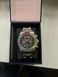 Pagani Design PD-1777 Rainbow Skeleton Chronograph Watch - Multicolor Gem Bezel, Stainless Steel, Sapphire Crystal, Boxed