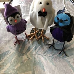Lot Of 3 Halloween Purple Pumpkin, Ghost Bird & Masked Bird - 6.5” Tall Ea, NEW