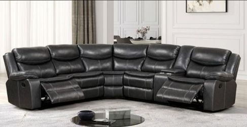 Brand New Dark Grey Super Plush Leather Reclining Sectional Sofa