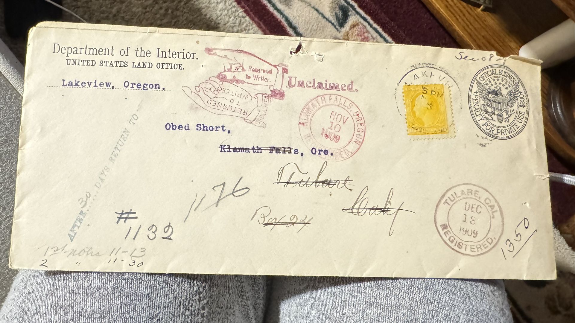 Unopened Land Mail From Lakeview, California Early 1900