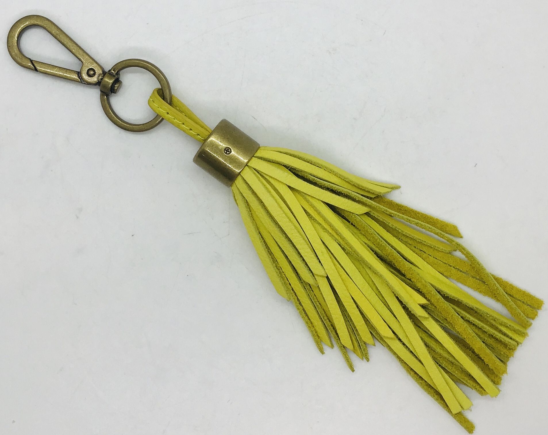 Yellow leather fringe brass keychain