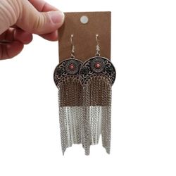 Silver Toned Olive & Coral Link Dangle Earrings