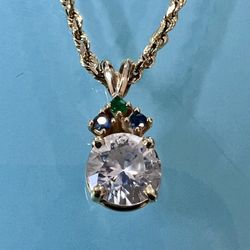 Sparkling 2.00 Cubic Zirconia Sapphire/Emerald 11.2g Gram 14k Yellow Gold 22” Solid Rope Chain/Necklace 