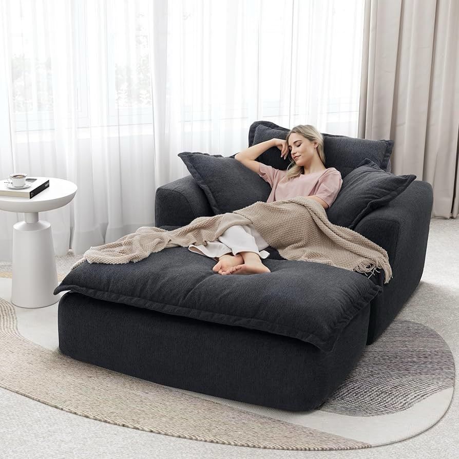 50" Oversized Chaise Lounge Indoor Sofa Bed with Ottoman - Chenille Upholstered Recliner Chair for Living Room, Thick Cushion Comfy Sleeper, Black