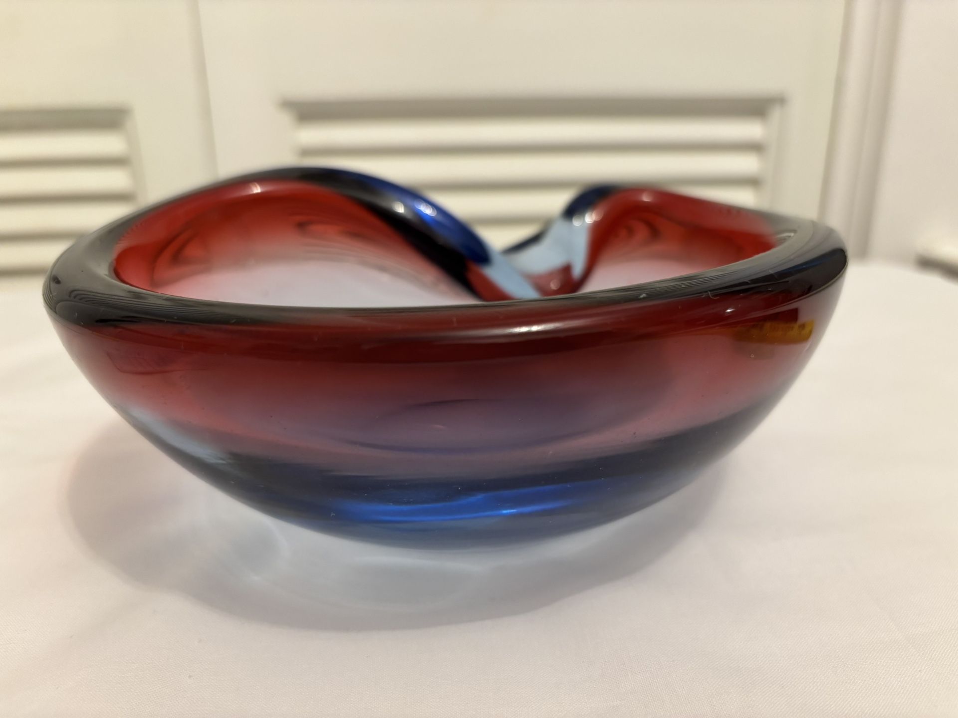 Vintage Large Art Glass Ashtray, Red/Blue/ White/Purple
