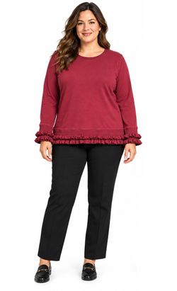Crown & Ivy Women's XL Burgundy Ruffle Trim Long Sleeve Sweatshirt Top