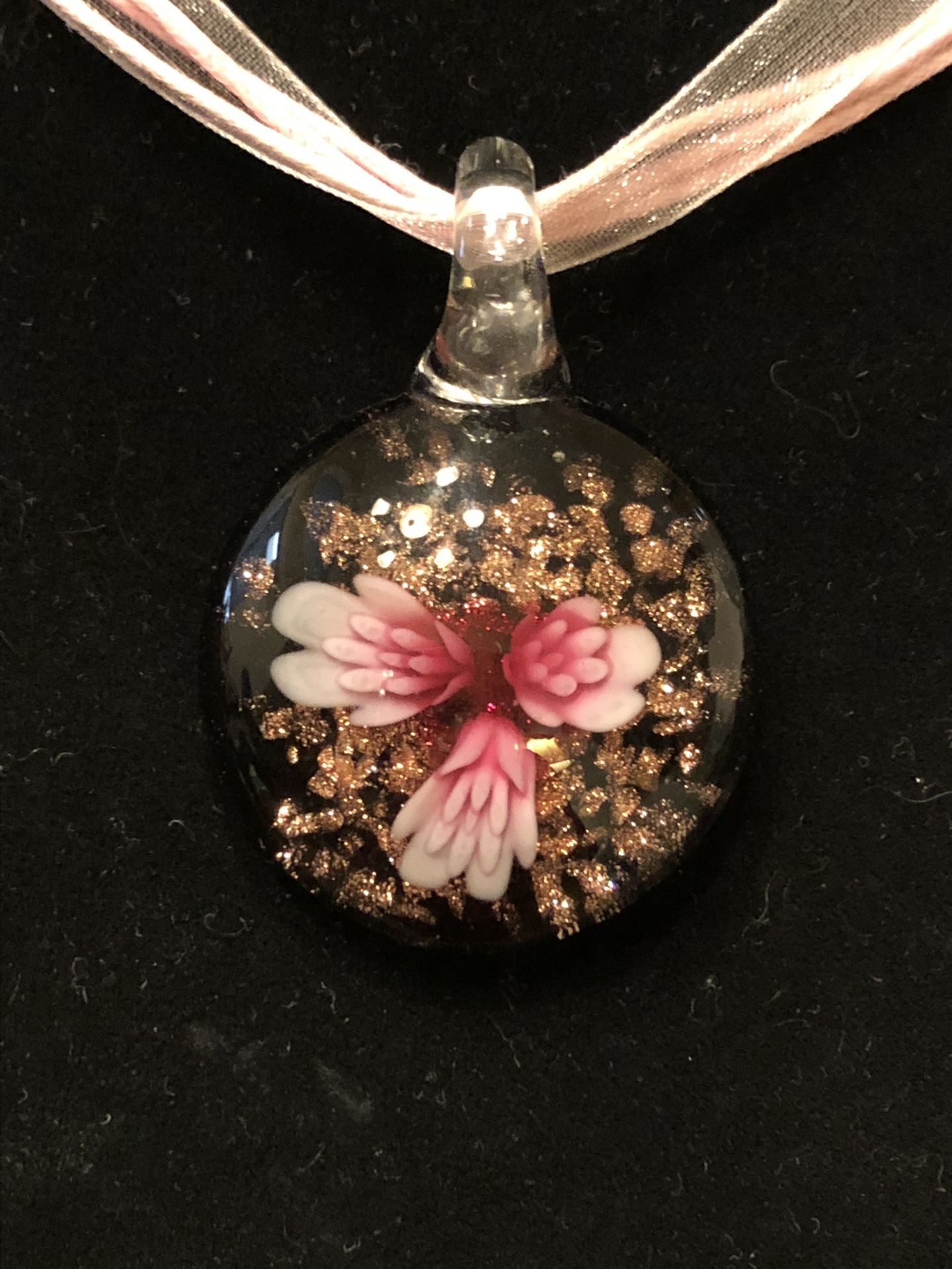 Pink And Black Glass Flower Pendant Necklace 