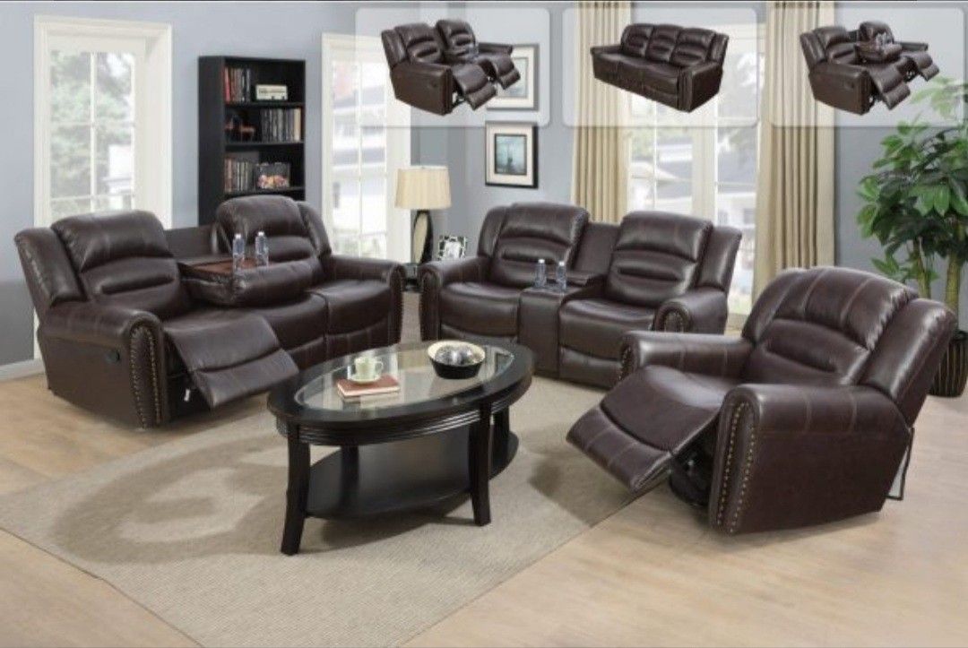 New 3pc Reclining set Brown bonded leather