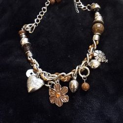 Paparazzi Necklace And Earring Set, Brown And Silvertone Flower W/charms