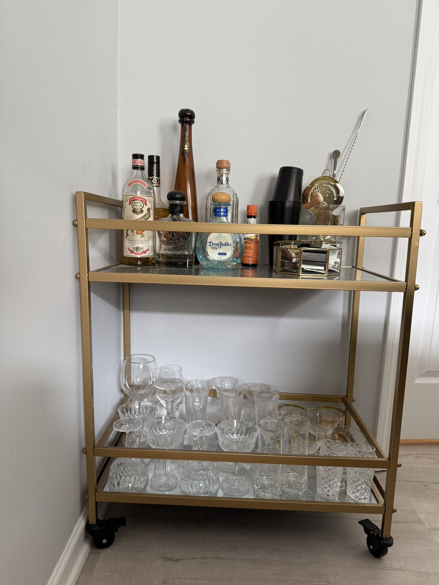 Gold Metal Bar Cart w/ Mirrored Shelves