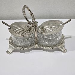 Vintage Hugo Silver Plated Double Condiment Dish With Crystal Bowls , Shell Lids