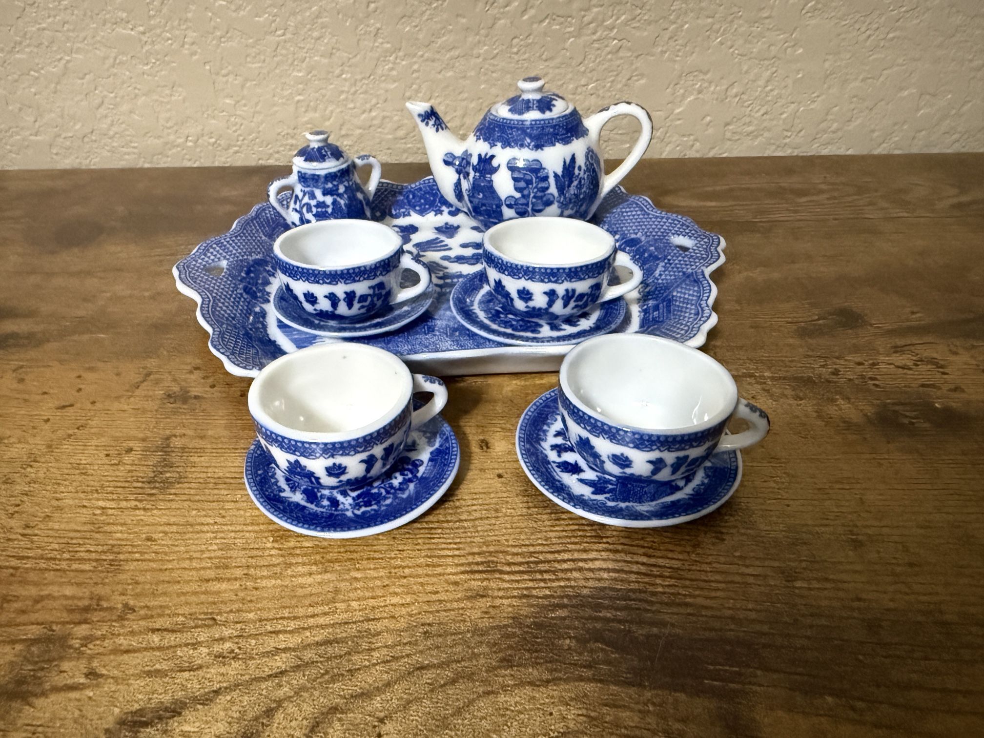 Vintage Miniature Blue Willow Tea Set With Tray Porcelain 