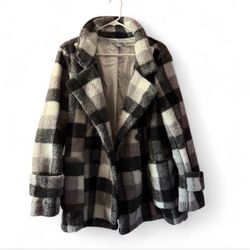 Sans Souci Plaid Sherpa Jacket – Gray & Cream Cozy Coat polyester blend 