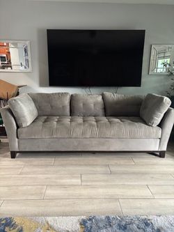 Gray Tufted Velvet Sofa with Throw Pillows