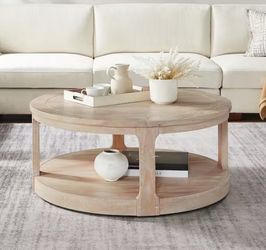 Noble House Corentine 40 in. Oak Round Shape Wood Top Coffee Table, Rounded Table with Wheels