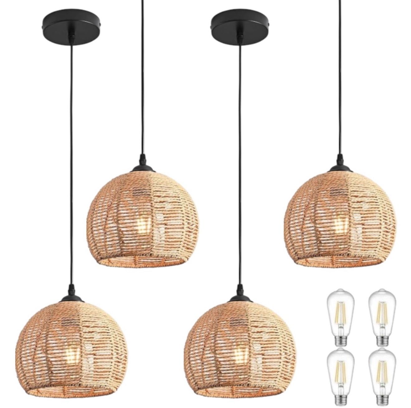 Set Of 4 Mini Hemp Rope Woven Pendant Light Fixtures Boho