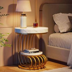 Round side table in white gold, side table with 2 levels, modern bedside table, small side table with storage space for the sofa, side table with meta