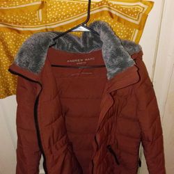 Stretch puffer jacket, Andrew Marc, hooded with faux fur trim