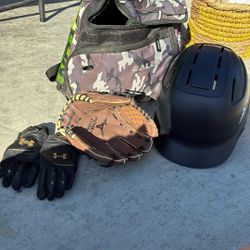 Baseball Bag, Glove , Gloves, Bat And Helmet 