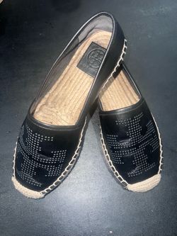 Tory Burch Black Leather Espadrille Flats