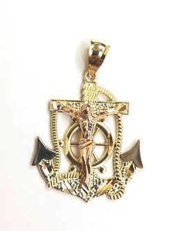 Beautiful Anchor with Jesus religious pendant 14k fine jewelry yellow , white & rose REAL gold. Description⬇️