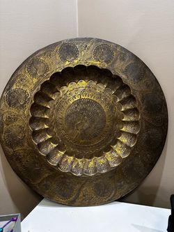 Large Brass Engraved Peacock Decorative Tray