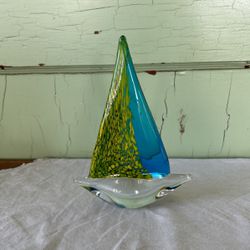 Murano Style Art Glass Sailboat Sculpture Paperweight Cobalt Blue Yellow 