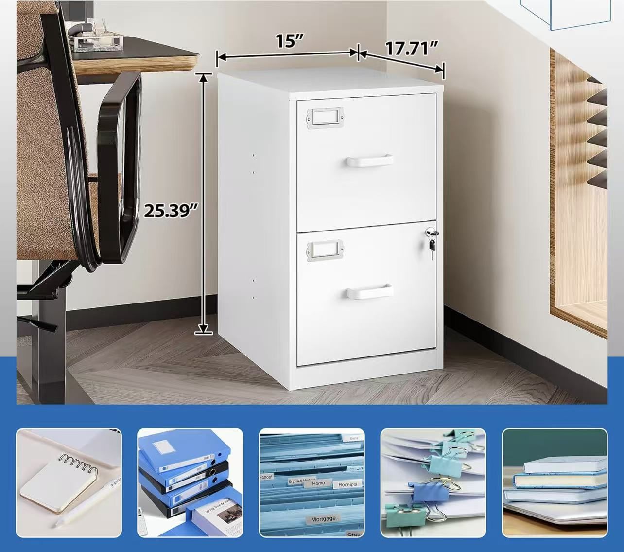🥨2 Drawer File Cabinet with Lock Vertical Filing Storage Office Home Steel Vertical File Cabinets for Letter Size File Cabinet Locked, White