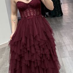 Burgundy Corset Top Prom Dress 