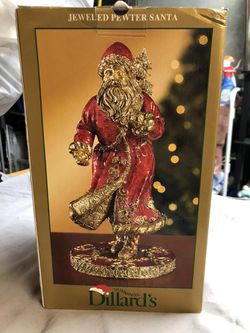 Rare...Vintage Dillard's Trimmings Jeweled Solid Pewter Santa Statue, mint condition in box!