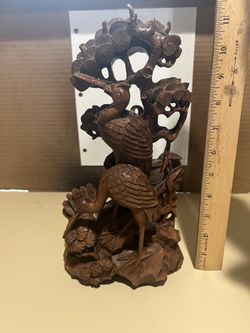 Vintage Hand Carved Symbolic Longevity Crane Pine Tree Wood Figurine Statue 12"